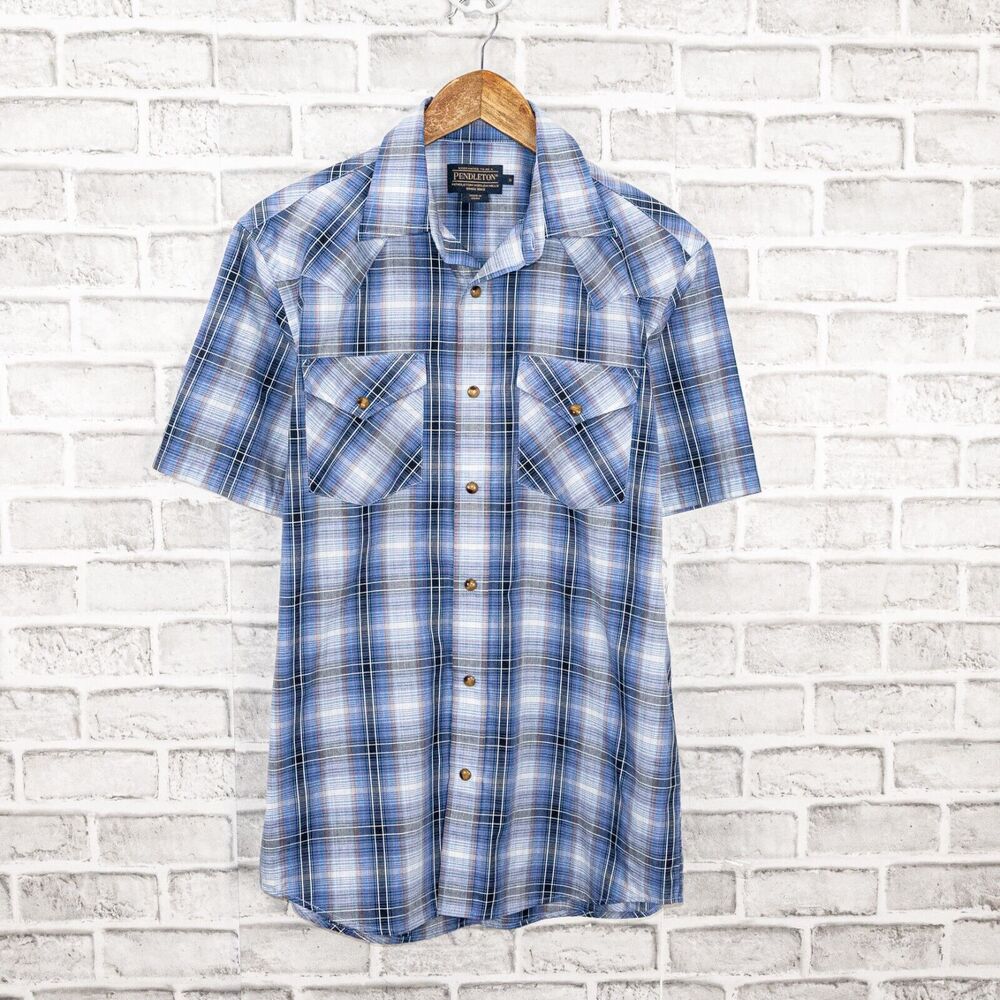 PENDLETON Men's Western Snap button Shirt Short Sleeve Blue Plaid Size Small